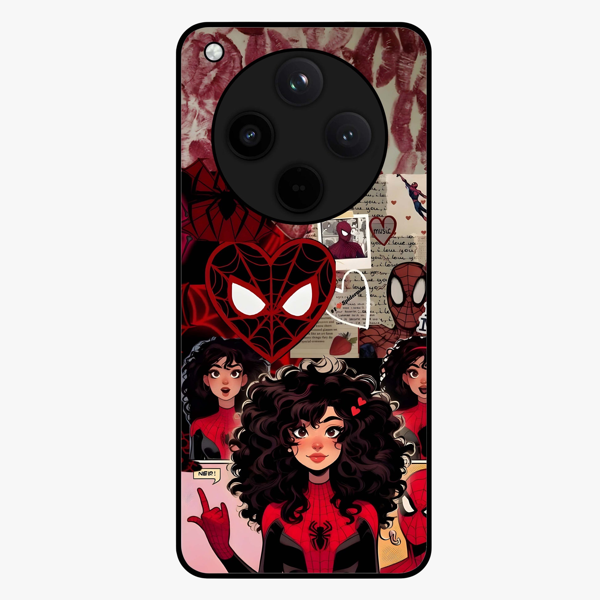 Spider Love Story Glass Case showing flat back view with romantic superhero themed artwork and glossy glass finish.