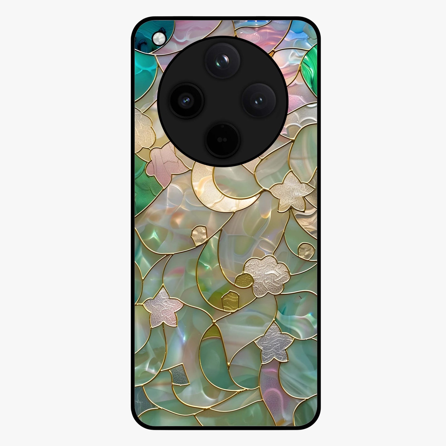Stained Sunrise Glow Glass Case showing flat back view with glowing sunrise stained pattern artwork and glossy glass finish.