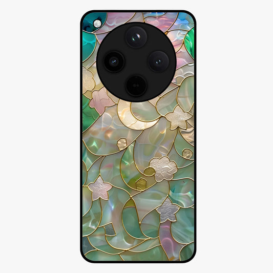 Stained Sunrise Glow Glass Case showing flat back view with glowing sunrise stained pattern artwork and glossy glass finish.