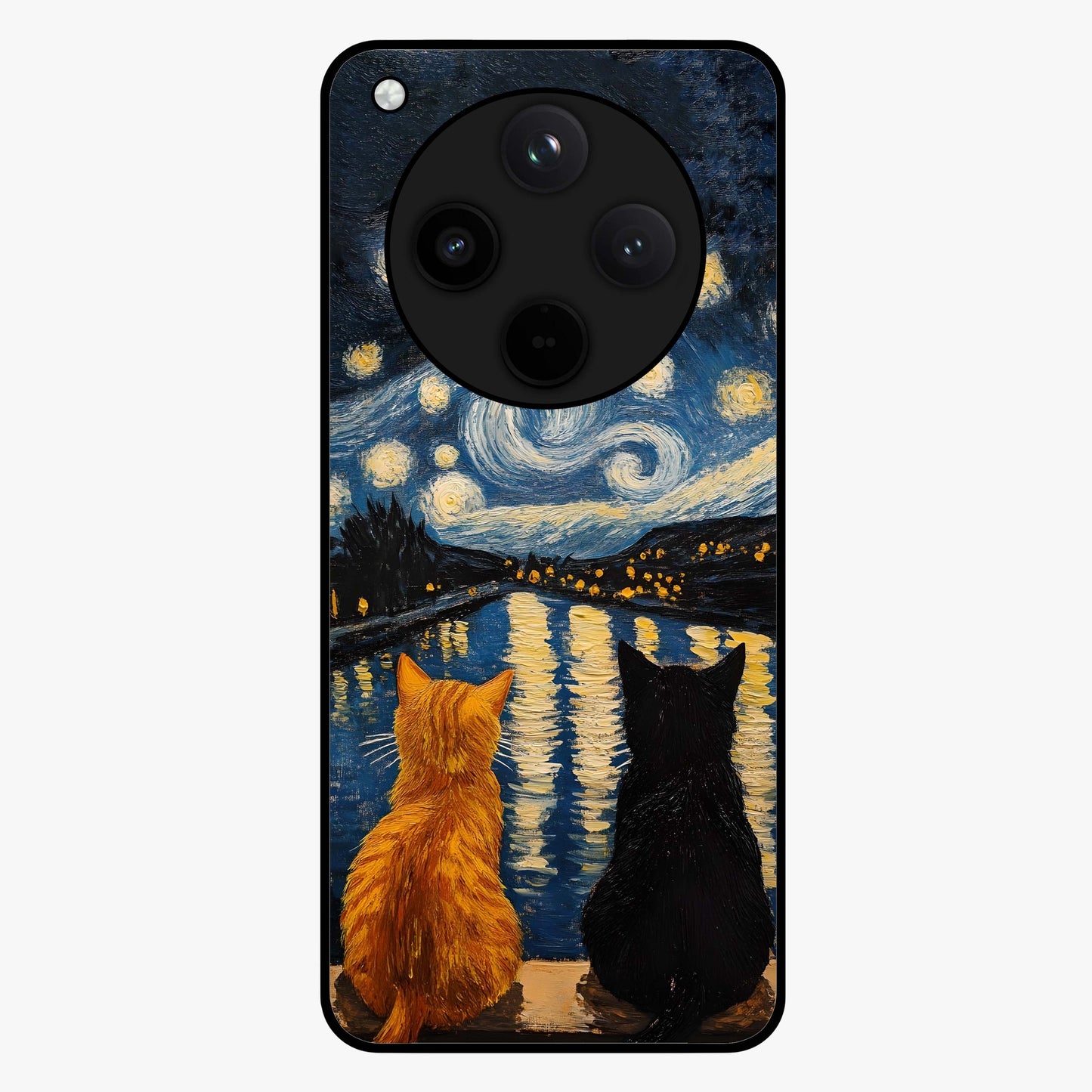 Starry River Cats Glass Case showing flat back view with cats by a starry river artwork and glossy glass finish.