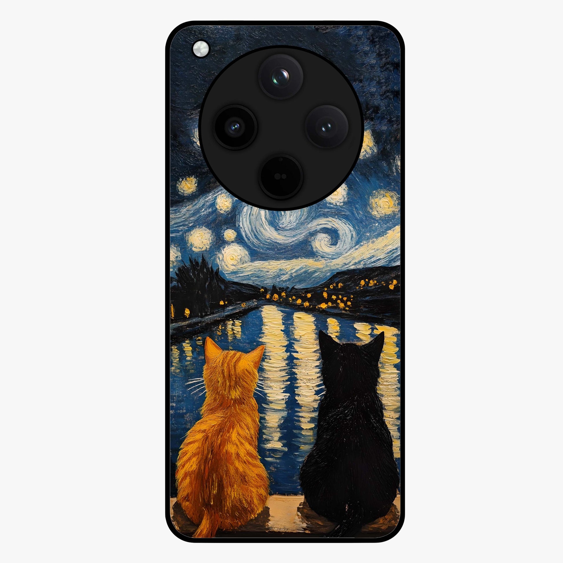Starry River Cats Glass Case showing flat back view with cats by a starry river artwork and glossy glass finish.