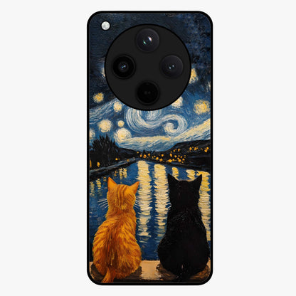 Starry River Cats Glass Case showing flat back view with cats by a starry river artwork and glossy glass finish.