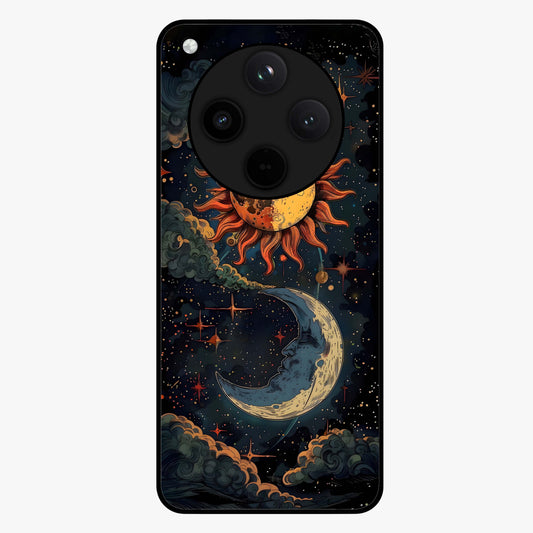 Sun And Moon Magic Design Glass Case showing flat back view with mystical sun and moon artwork and glossy glass finish.