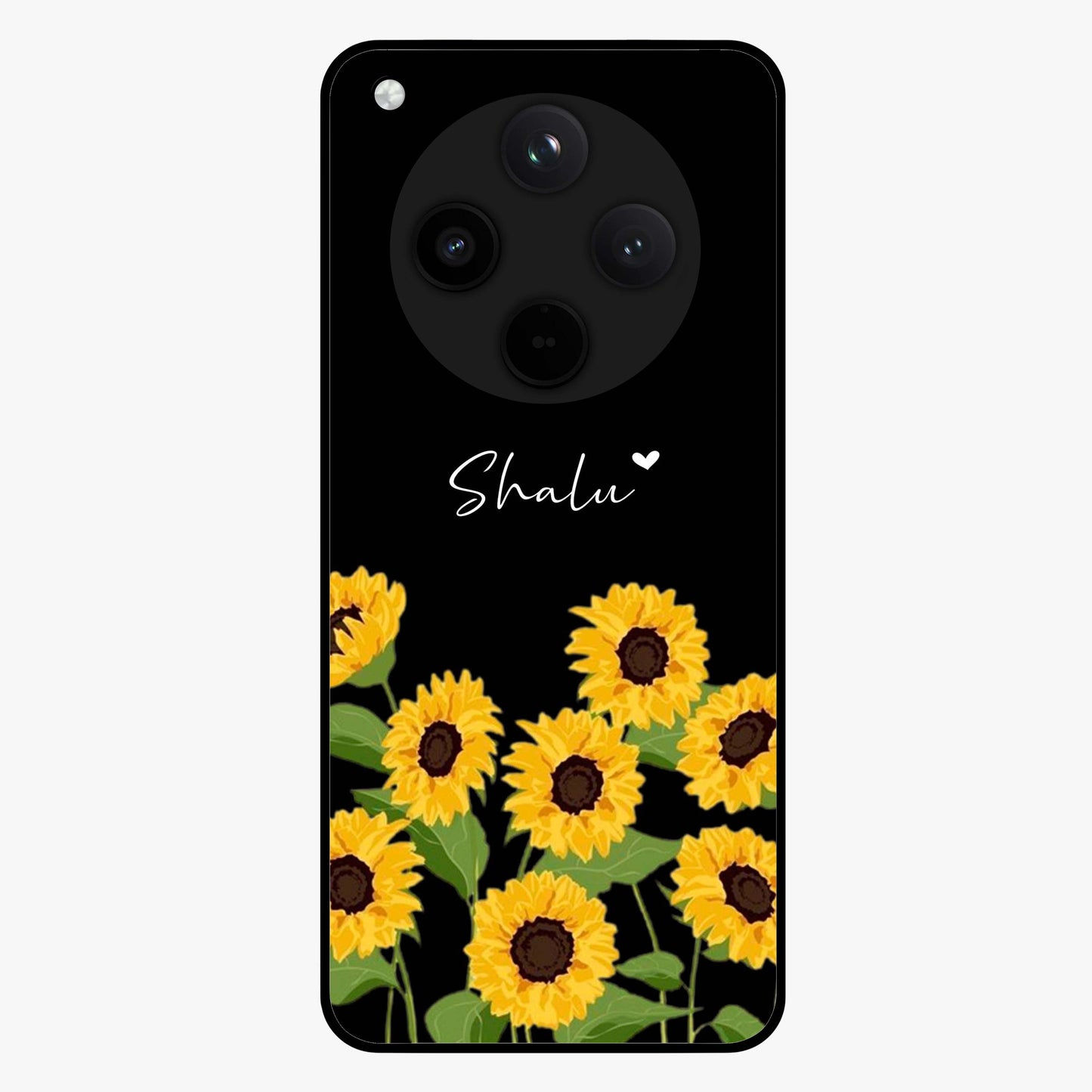 Sunflower Chic Mood Custom Name Glass Case showing flat back view with stylish sunflower artwork and personalized name design.