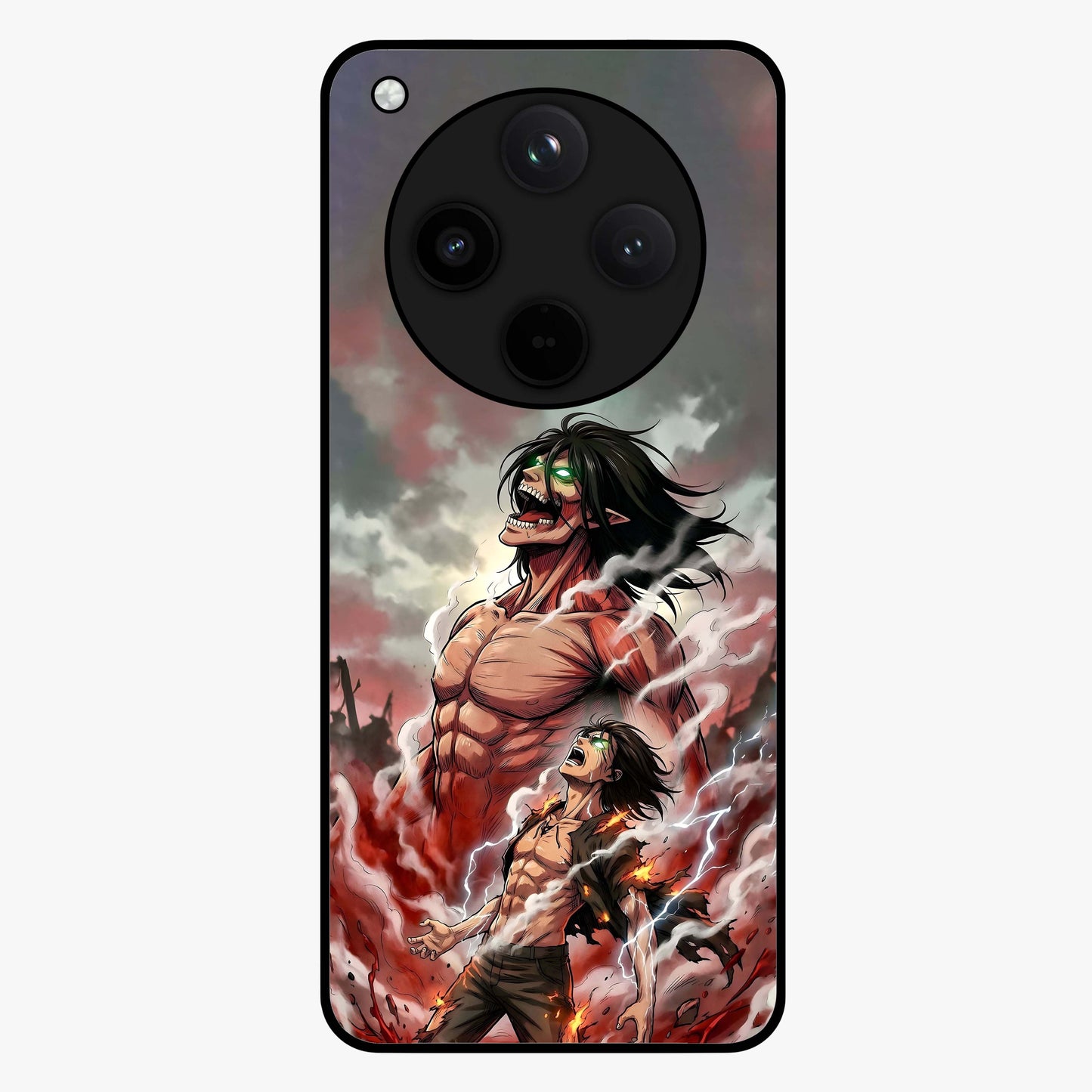 Titan Awakening Fury Glass Case showing flat back view with powerful titan inspired artwork and glossy glass finish.