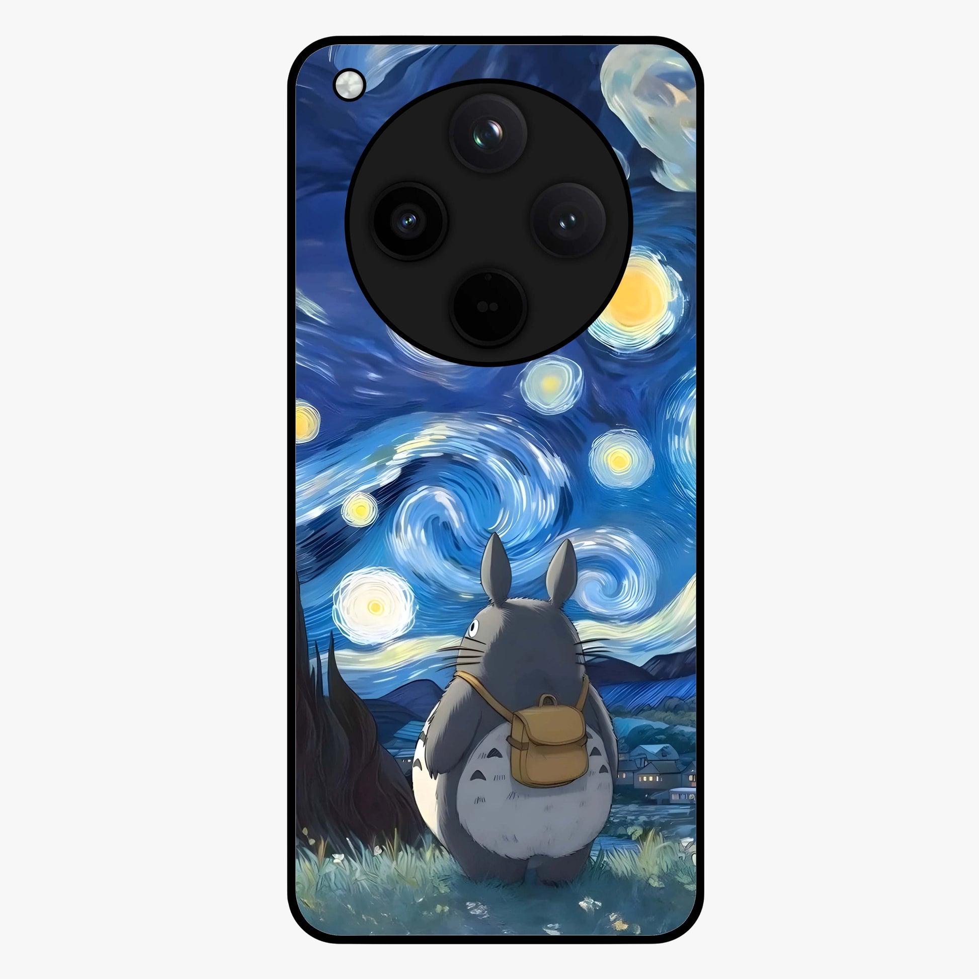 Totoro In Van Gogh Art Glass Case showing flat back view with whimsical character artwork inspired by Van Gogh style and glossy glass finish.