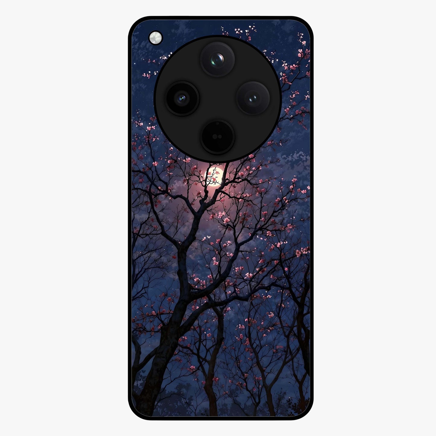 Twilight Sakura Serenade Glass Case showing flat back view with cherry blossom artwork at twilight and glossy glass finish.