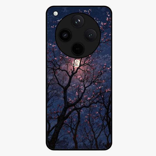 Twilight Sakura Serenade Glass Case showing flat back view with cherry blossom artwork at twilight and glossy glass finish.