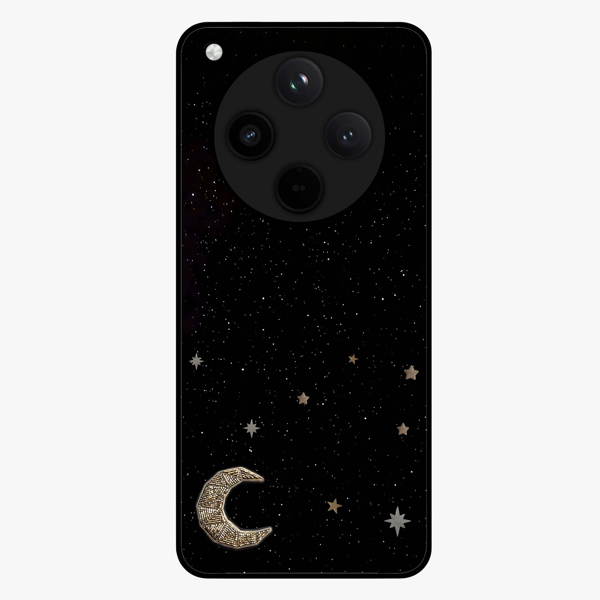 Twinkle Star With Half Moon Glass Case showing flat back view with star and half moon artwork and glossy glass finish.
