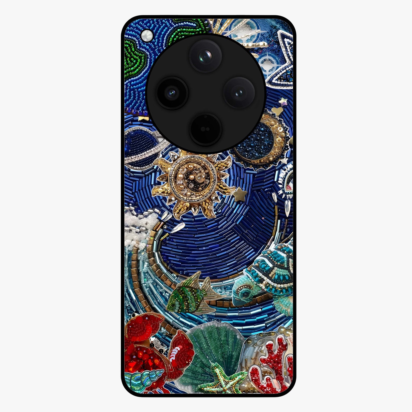 Universe Underwater Spark Glass Case showing flat back view with cosmic underwater themed artwork and glossy glass finish.