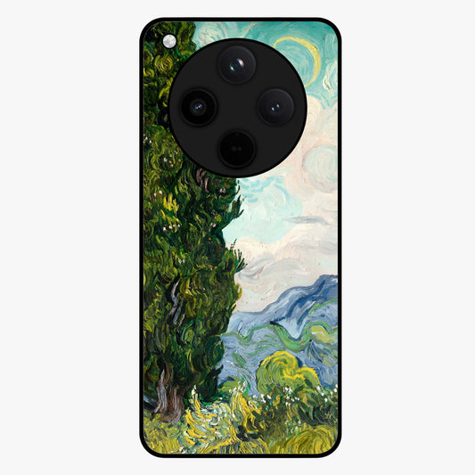 Van Gogh Vintage Art Glass Case showing flat back view with vintage painterly artwork inspired by Van Gogh style and glossy glass finish.