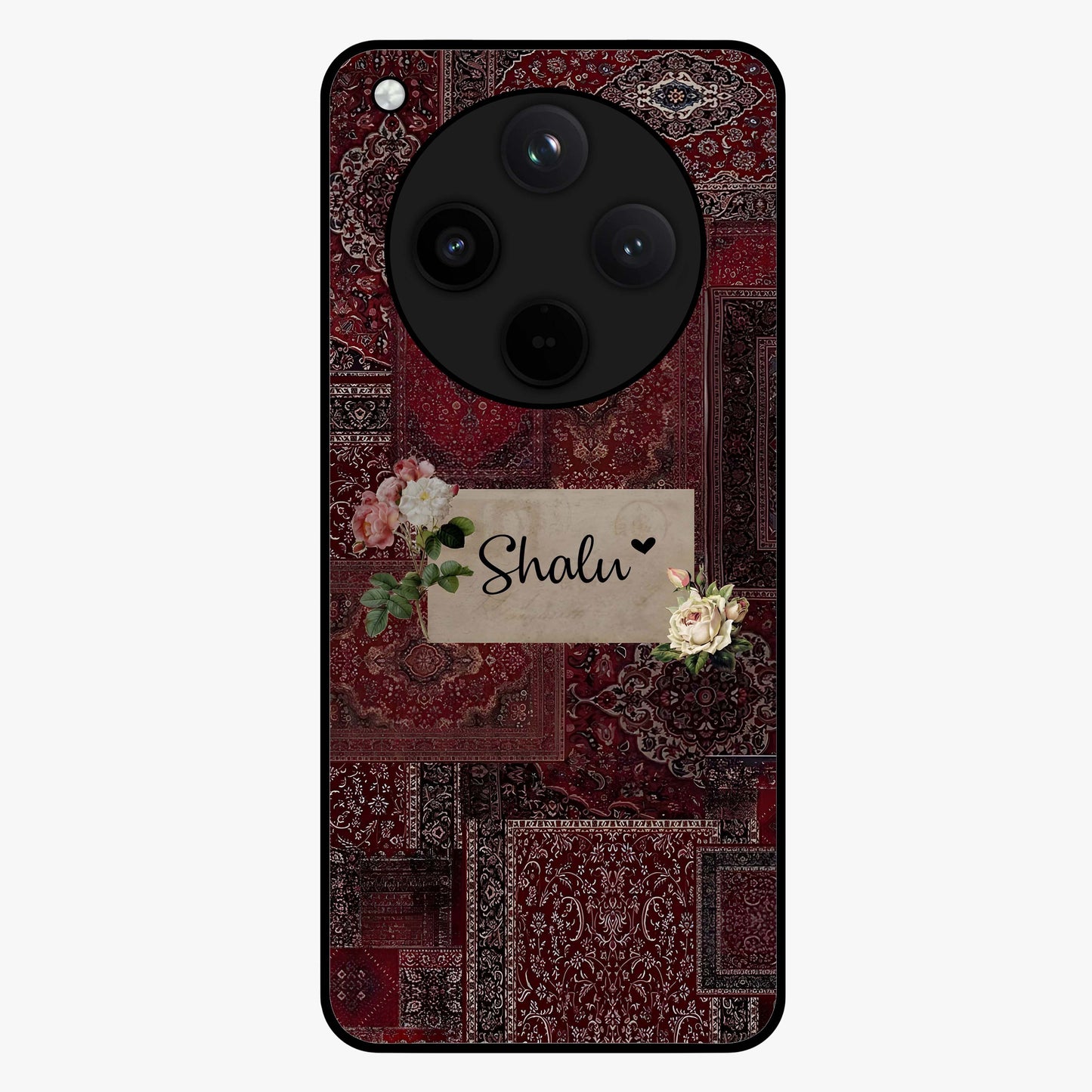 Velvet Wine Pattern Custom Name Glass Case showing flat back view with elegant wine colored pattern artwork and personalized name design.
