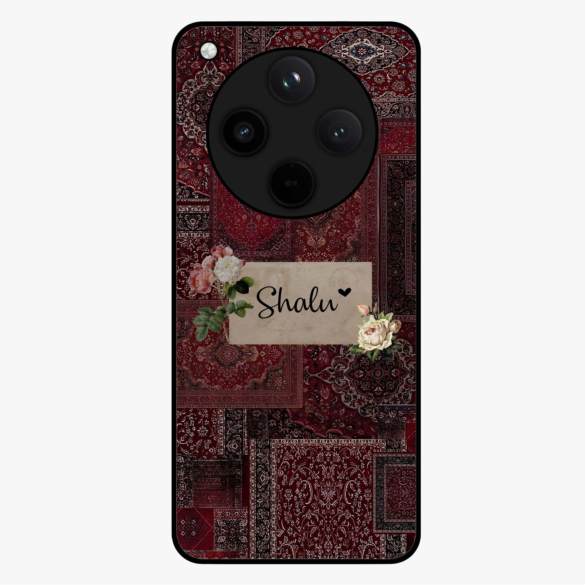 Velvet Wine Pattern Custom Name Glass Case showing flat back view with elegant wine colored pattern artwork and personalized name design.
