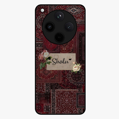 Velvet Wine Pattern Custom Name Glass Case showing flat back view with elegant wine colored pattern artwork and personalized name design.