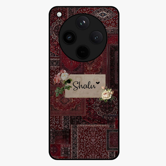 Velvet Wine Pattern Custom Name Glass Case showing flat back view with elegant wine colored pattern artwork and personalized name design.