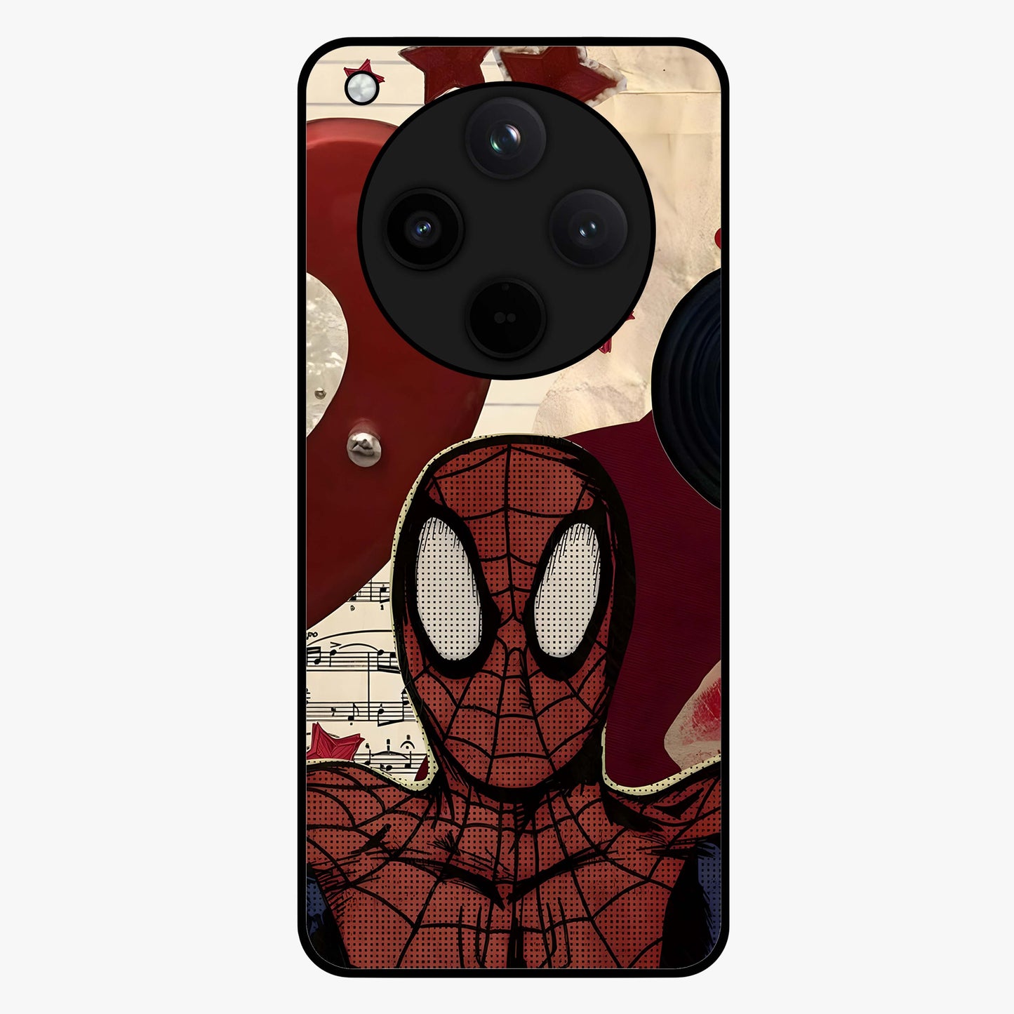 Web Warrior Vibes Glass Case showing flat back view with superhero inspired web themed artwork and glossy glass finish.