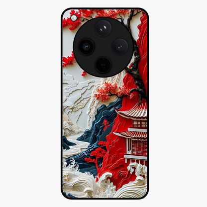 Whispers Of Sakura Waves Glass Case showing flat back view with cherry blossom wave artwork and glossy glass finish.