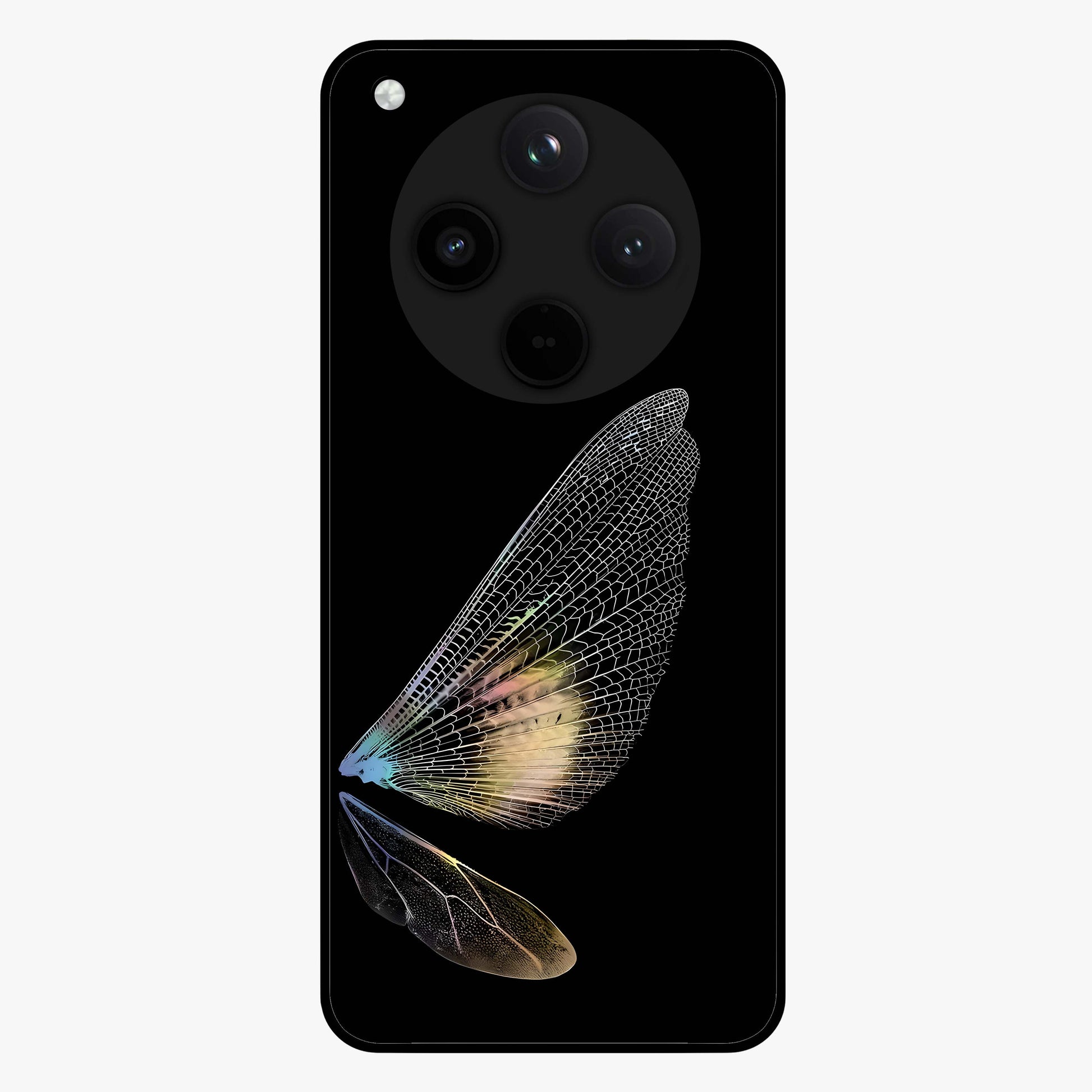 Whispers Of Wings Glass Case showing flat back view with graceful wing inspired artwork and glossy glass finish.