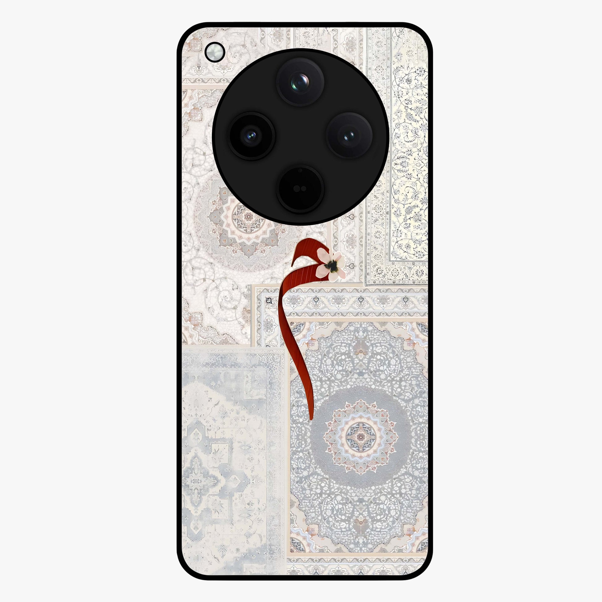 White Aesthetic Bow Glass Case showing flat back view with minimal bow artwork and glossy glass finish.