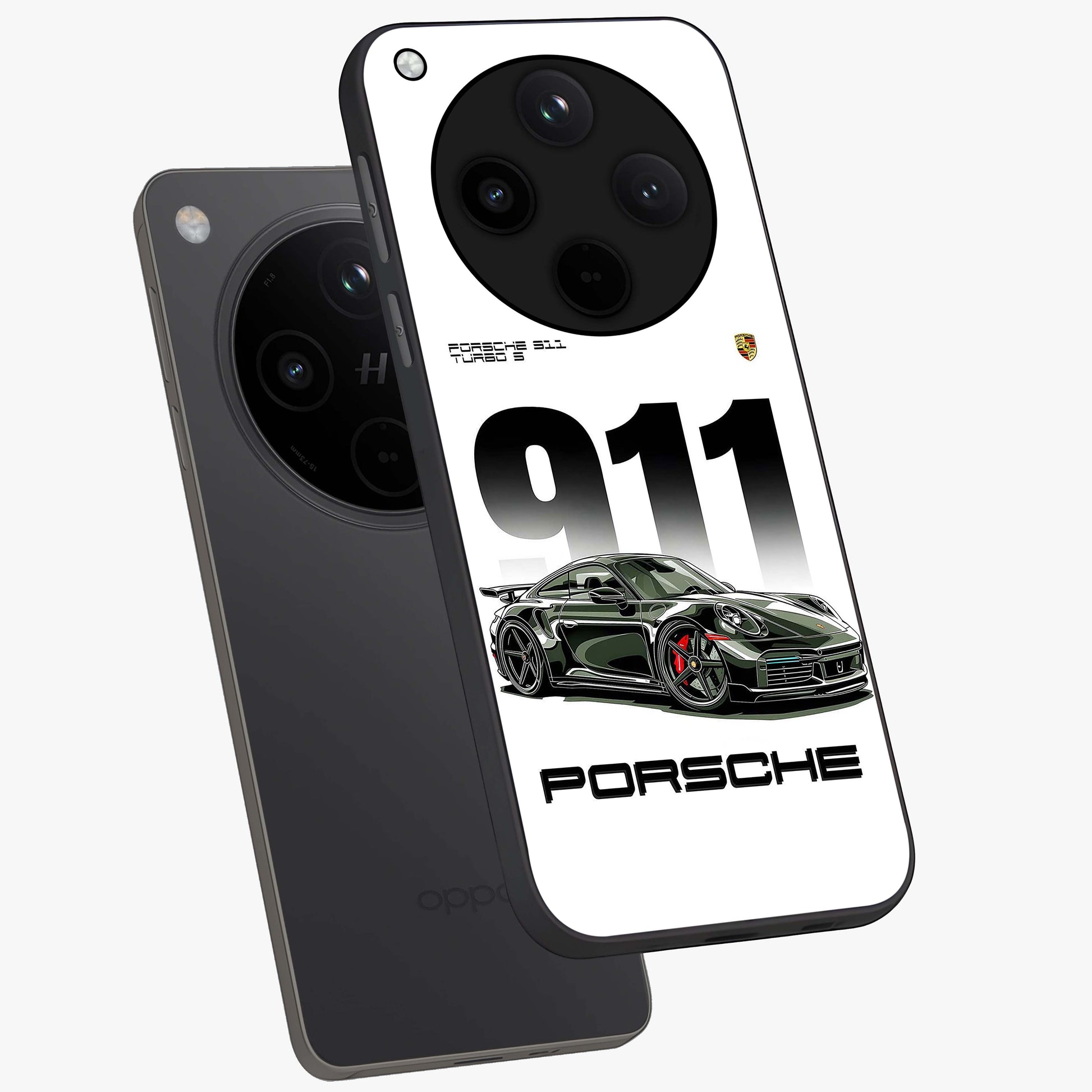 911 Turbo Dominance Glass Case displayed in premium angled mockup highlighting sporty car illustration and sleek glass surface.