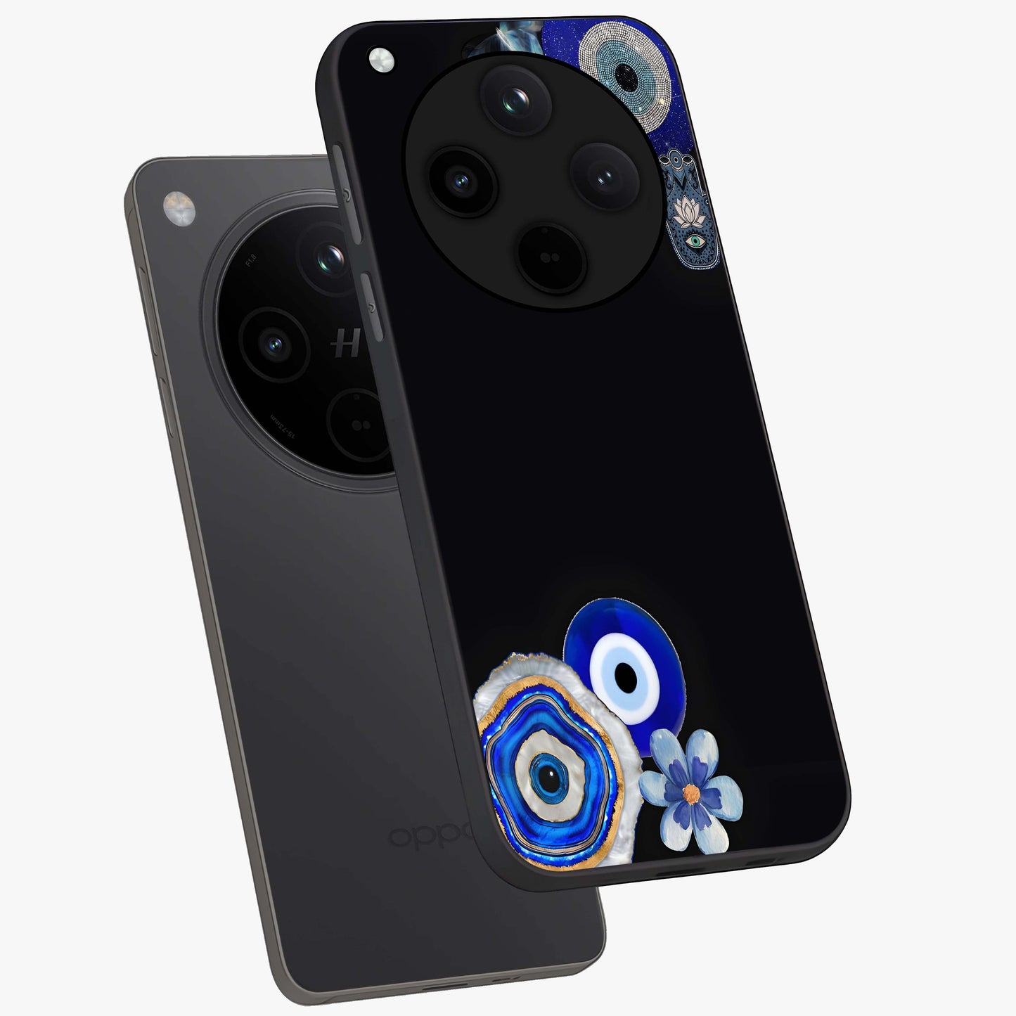 Aesthetic Blue Evil Eye Glass Case displayed in angled mockup highlighting blue evil eye symbol and spiritual aesthetic design.