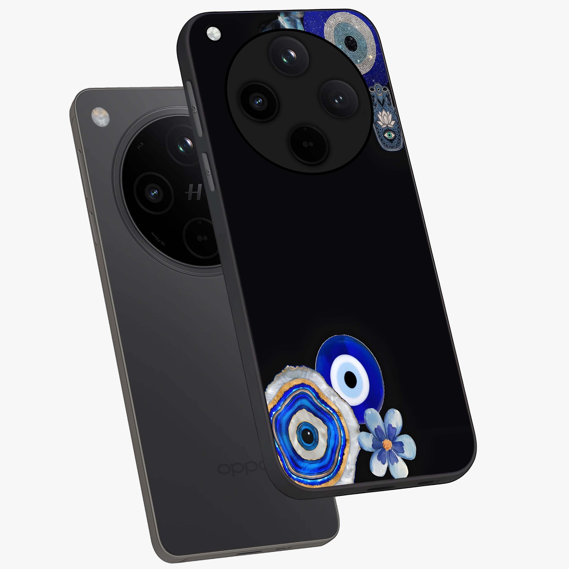 Aesthetic Blue Evil Eye Glass Case displayed in angled mockup highlighting blue evil eye symbol and spiritual aesthetic design.