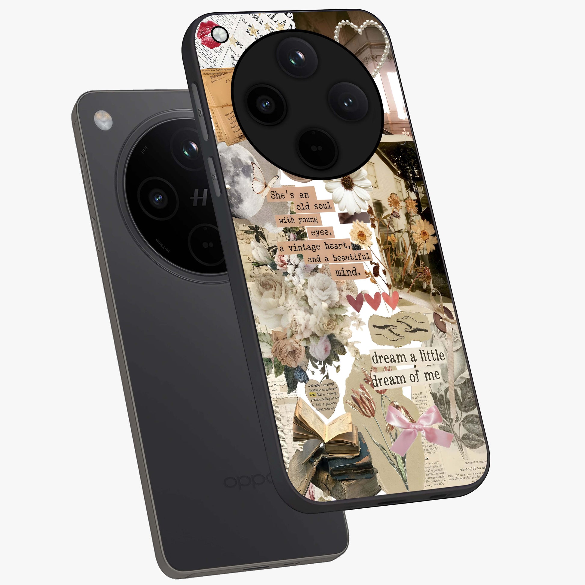 Aesthetic Brown Vintage Collage Glass Case displayed in angled mockup highlighting vintage aesthetic collage design.