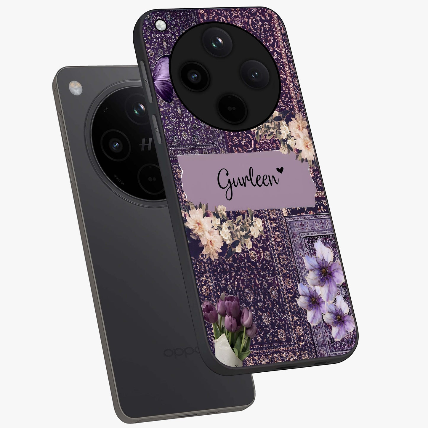 Antique Floral Whisper Custom Name Glass Case displayed in angled mockup highlighting elegant antique floral aesthetic.