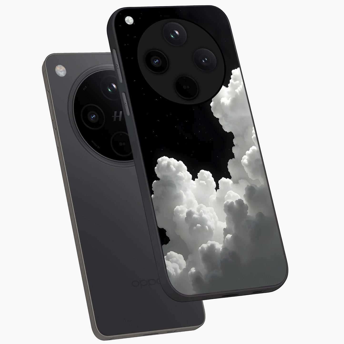 Black Background With White Cloud Glass Case displayed in angled mockup highlighting soft white cloud illustration and minimal design.