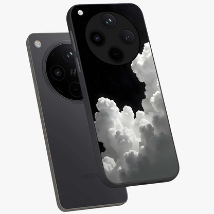 Black Background With White Cloud Glass Case displayed in angled mockup highlighting soft white cloud illustration and minimal design.