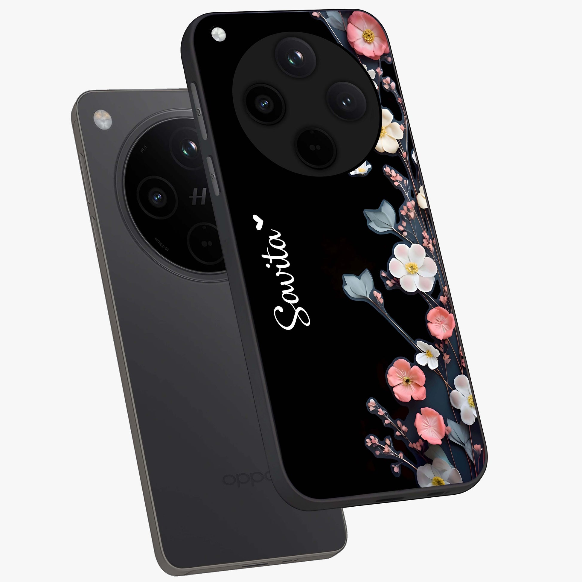 Black Elegance Floral Custom Name Glass Case displayed in angled mockup highlighting dark floral aesthetic and custom name feature.