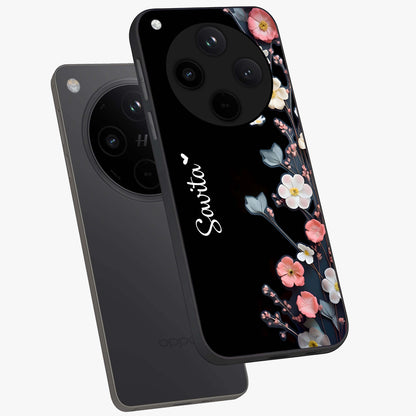 Black Elegance Floral Custom Name Glass Case displayed in angled mockup highlighting dark floral aesthetic and custom name feature.