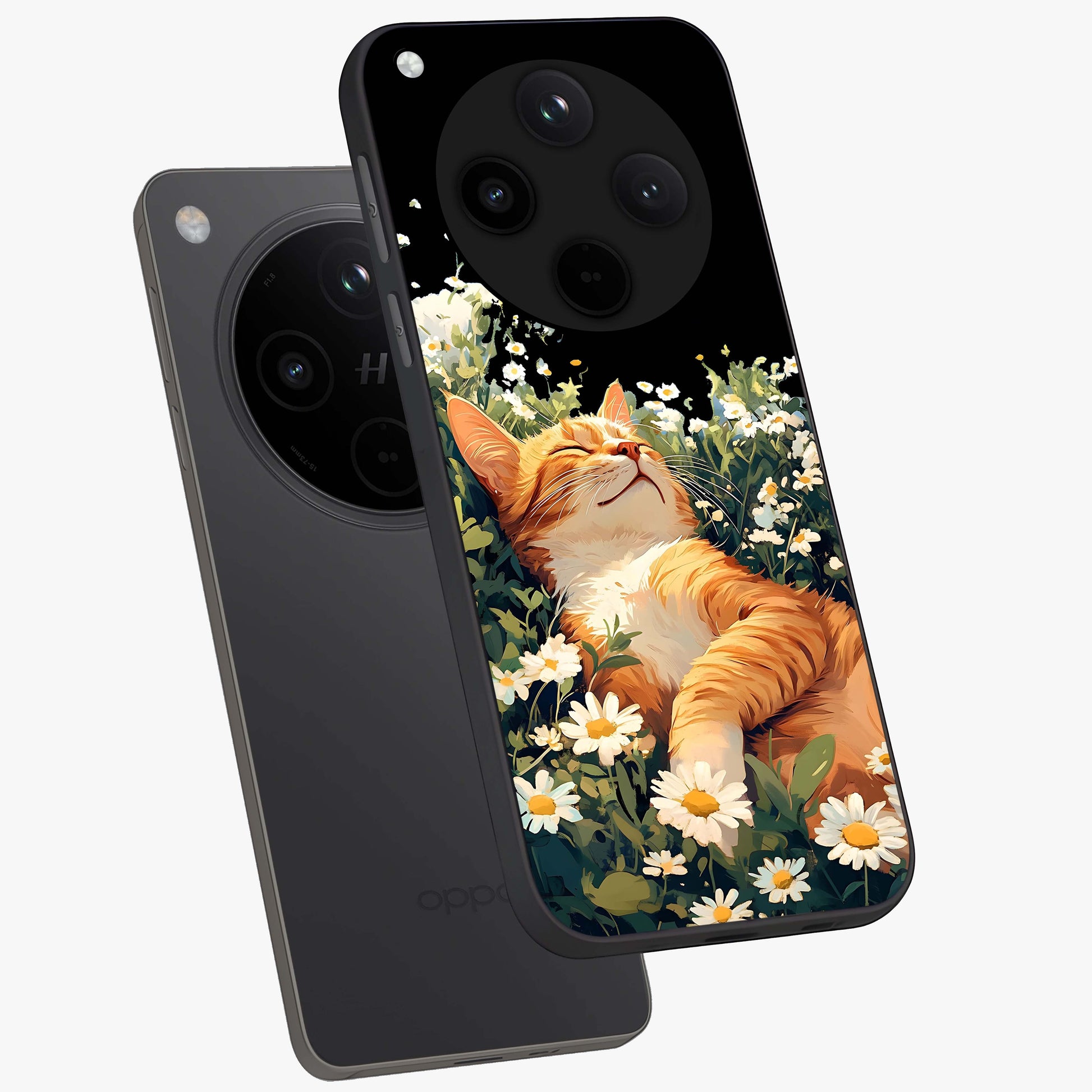 Blissful Bloom Cat Glass Case displayed in angled mockup highlighting playful feline illustration with soft floral aesthetic.