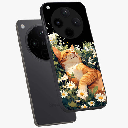 Blissful Bloom Cat Glass Case displayed in angled mockup highlighting playful feline illustration with soft floral aesthetic.