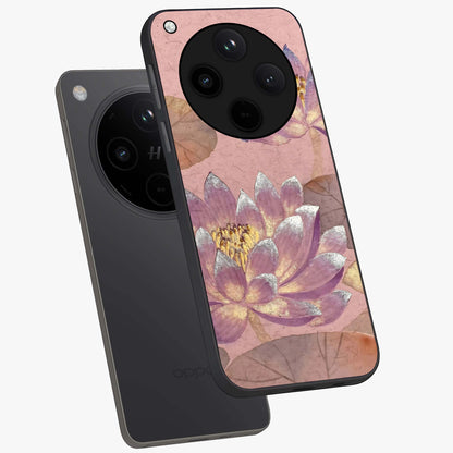Blossom Mist Lotus Glass Case displayed in angled mockup highlighting delicate lotus illustration with calm aesthetic theme.