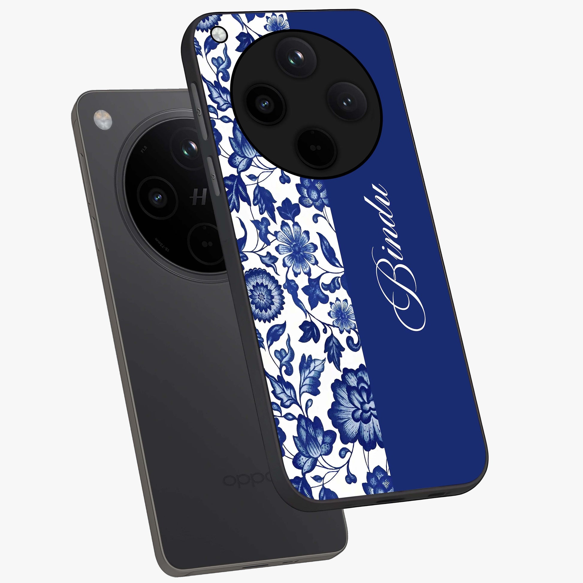 Blue Vintage Floral Pattern Glass Case displayed in angled mockup highlighting subtle bloom pattern with aesthetic pastel design.