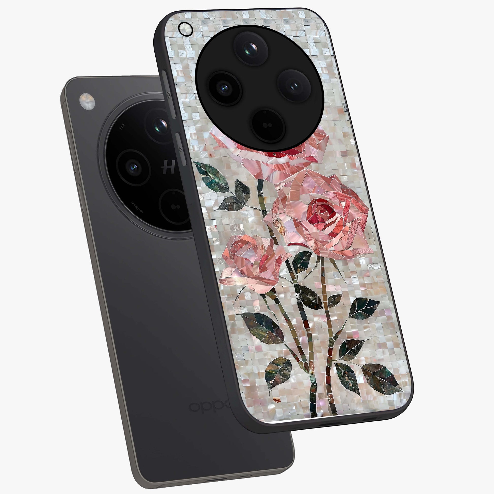 Blush Mosaic Bloom Glass Case displayed in angled mockup highlighting artistic mosaic flower pattern with aesthetic design.