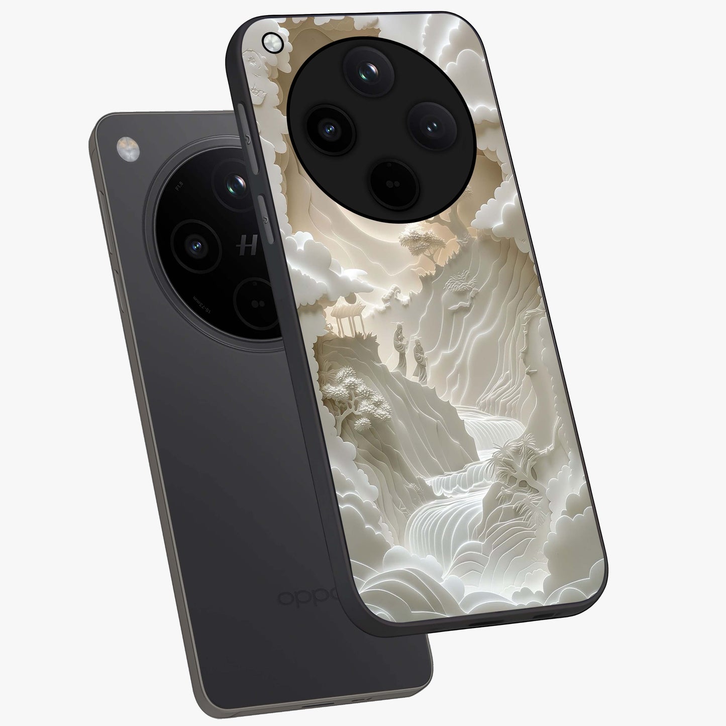 Celestial Origami Glass Case displayed in angled mockup highlighting geometric origami design with cosmic aesthetic theme.
