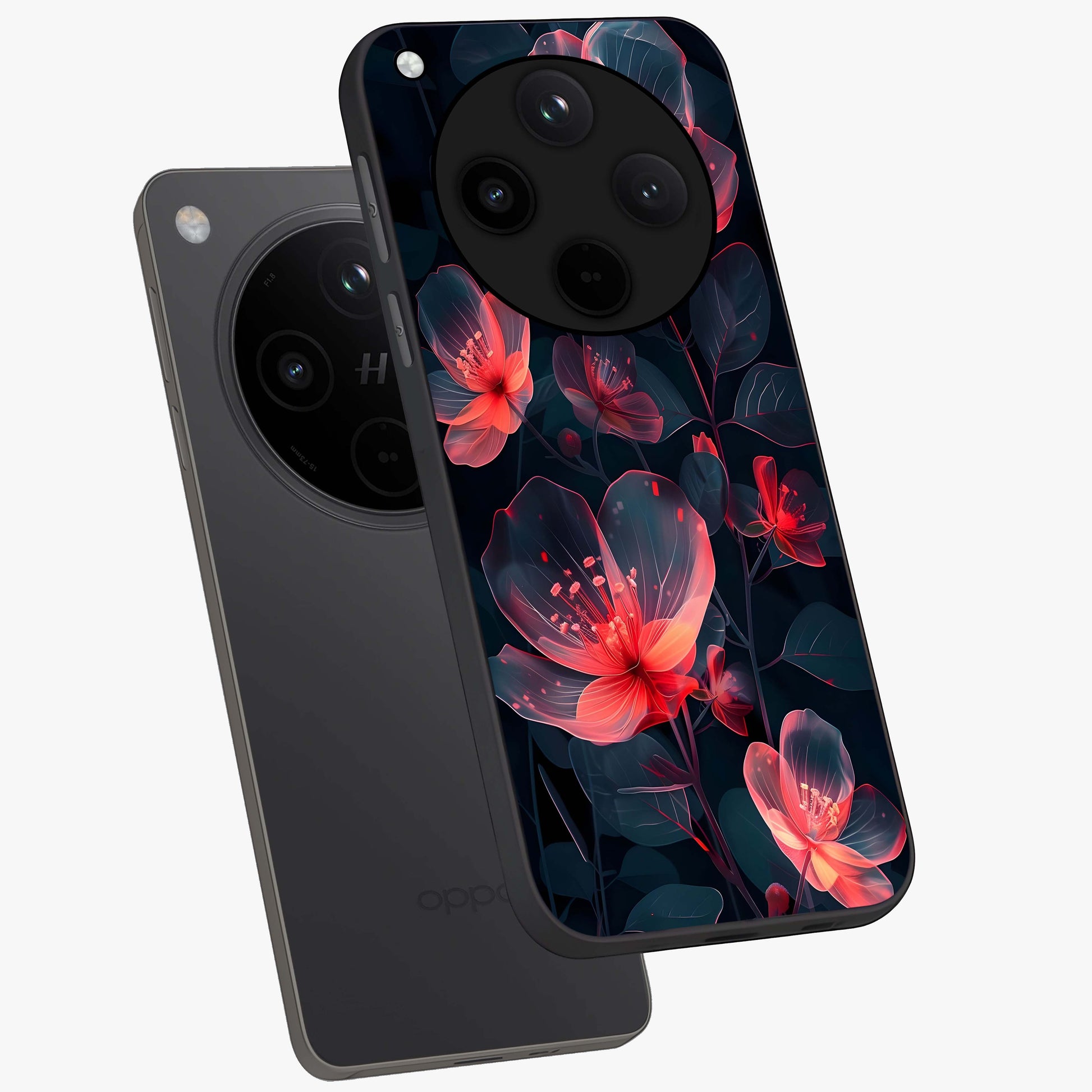 Dark Shade of Flower Glass Case displayed in angled mockup highlighting moody floral illustration with aesthetic dark tones.