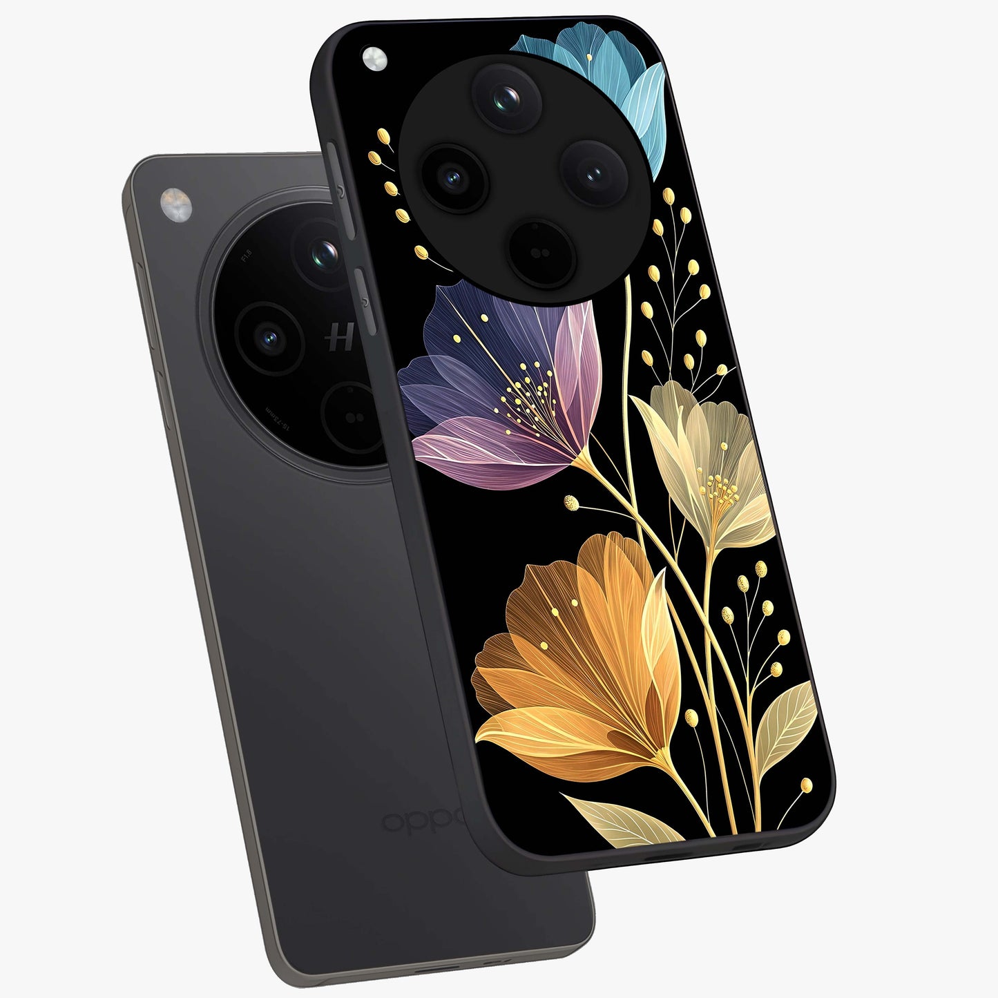 Delicate Multicolor Flowers Glass Case displayed in angled mockup highlighting colorful flower pattern with soft aesthetic style.