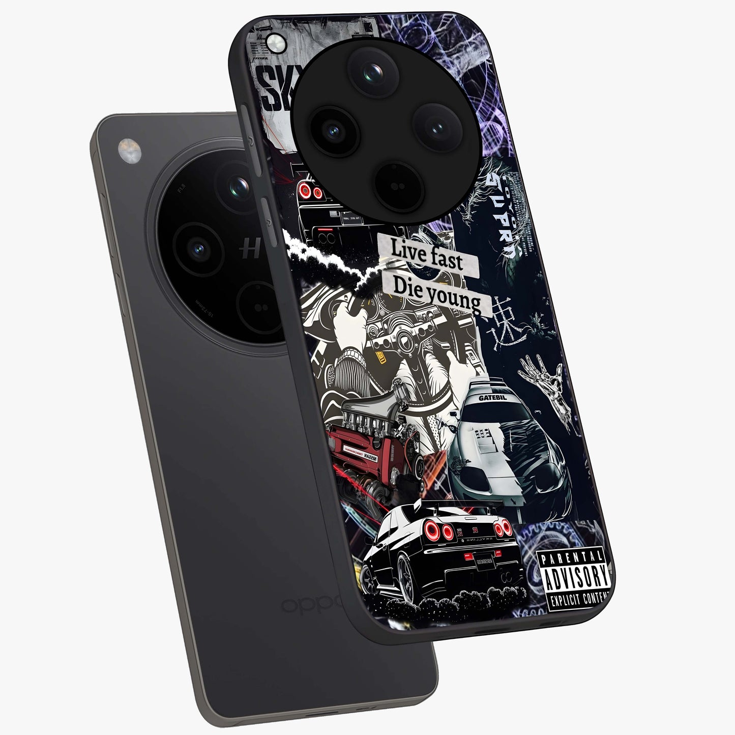 Die Young Glass Case displayed in angled mockup highlighting expressive graphic artwork with edgy aesthetic style.