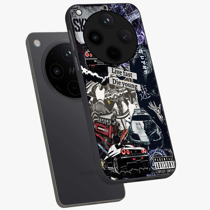 Die Young Glass Case displayed in angled mockup highlighting expressive graphic artwork with edgy aesthetic style.