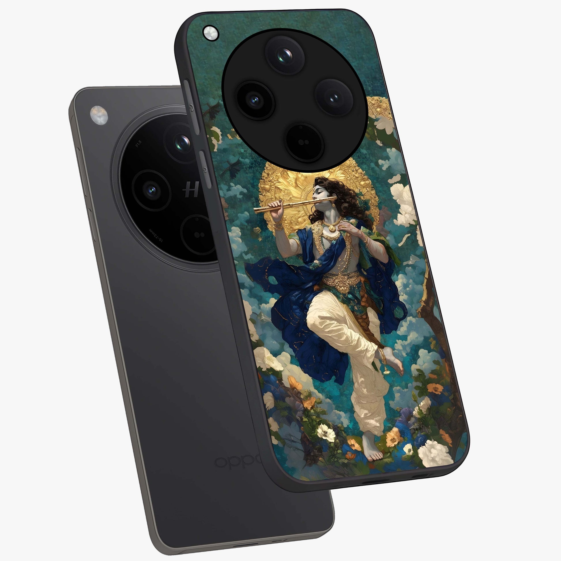 Divine Krishna Art Glass Case displayed in angled mockup highlighting spiritual Krishna illustration with devotional aesthetic.
