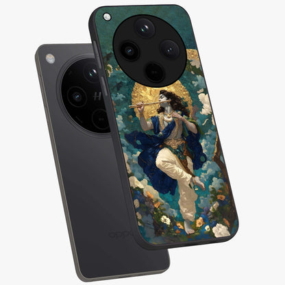 Divine Krishna Art Glass Case displayed in angled mockup highlighting spiritual Krishna illustration with devotional aesthetic.