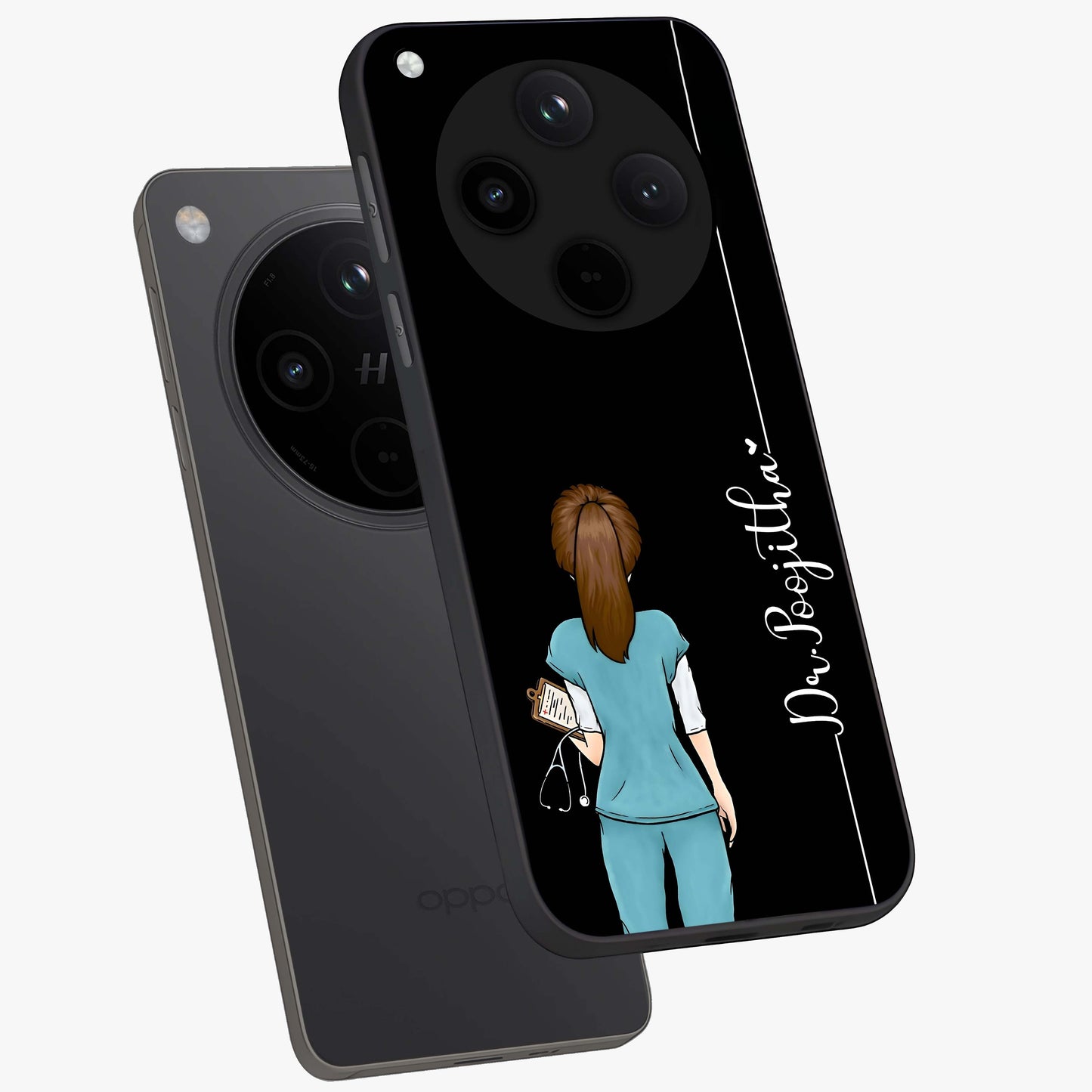 Doctor Pattern Custom Name Glass Case displayed in angled mockup highlighting doctor inspired artwork with custom name feature.