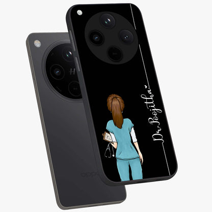 Doctor Pattern Custom Name Glass Case displayed in angled mockup highlighting doctor inspired artwork with custom name feature.