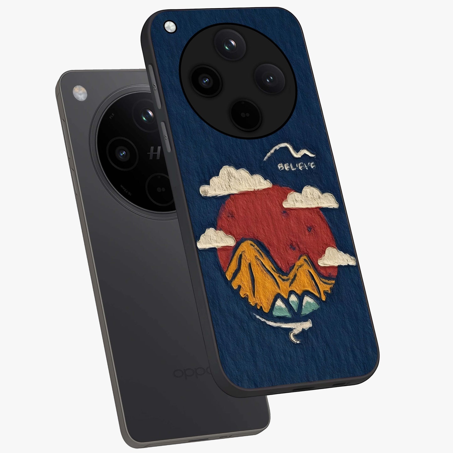 Dream Beyond Mountains Glass Case displayed in angled mockup highlighting dreamy mountain illustration with peaceful aesthetic.