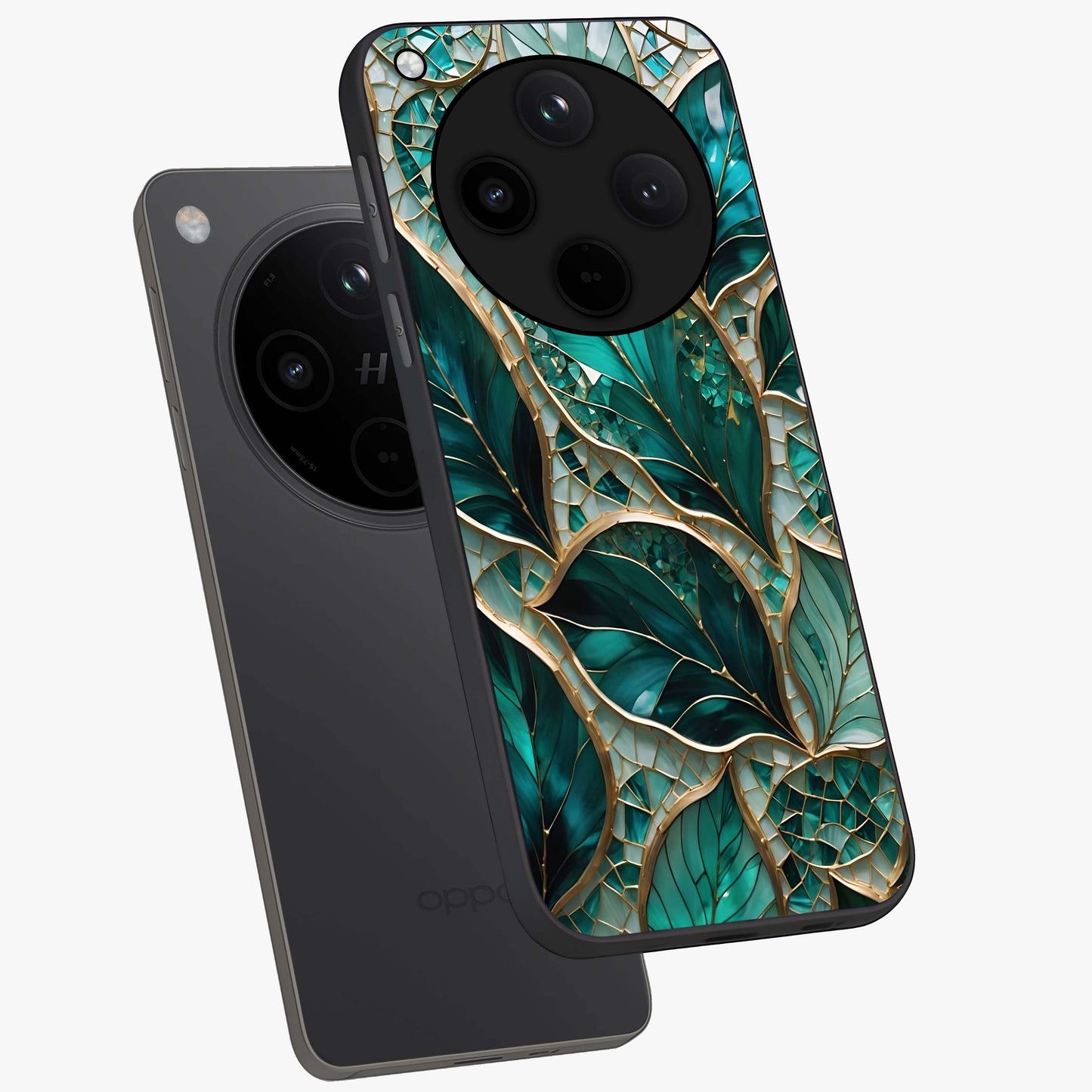 Emerald Leaf Glass Glass Case displayed in angled mockup highlighting botanical leaf illustration with elegant natural aesthetic.