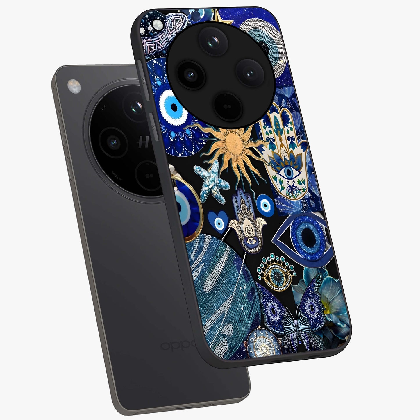 Evil Eye Charm Mix Glass Case displayed in angled mockup highlighting protective evil eye symbols with spiritual aesthetic design.