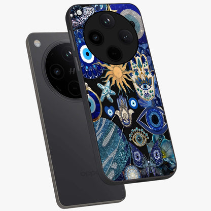 Evil Eye Charm Mix Glass Case displayed in angled mockup highlighting protective evil eye symbols with spiritual aesthetic design.